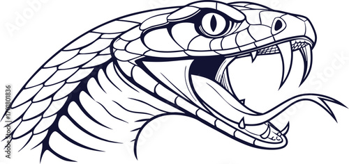 "Detailed vector drawing of a venomous snake head with open mouth and sharp fangs. Fierce reptile design in black line art. Ideal for tattoos, logos, emblems, and mascots."