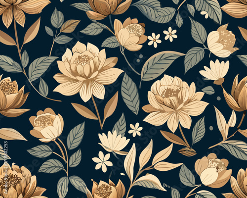 Vintage floral seamless pattern with elegant cream and brown flowers on a dark navy background, classic botanical vector illustration