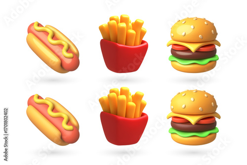 3D vector Cartoon Food Set Hot Dog, Fries, Burger