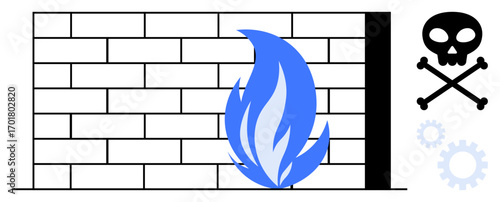Brick wall with blue flame blocking skull, crossbones, and gears, symbolizing cybersecurity, data defense, online safety, malware prevention, system protection, hacking defense simple flat metaphor