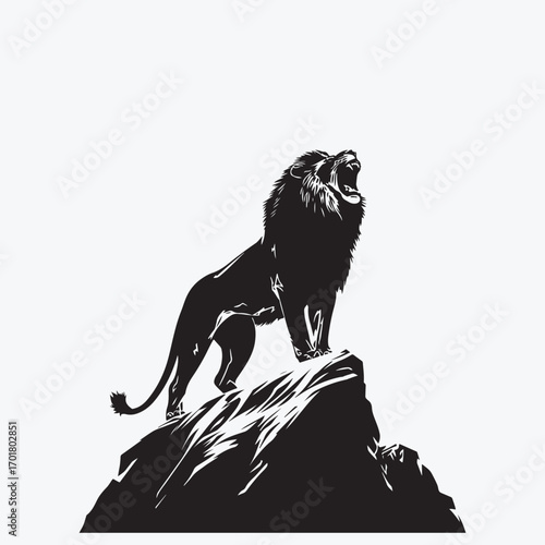 majestic roaring lion standing proudly on a rock cliff, a powerful wildlife king symbol, black and white vector illustration for a corporate logo..