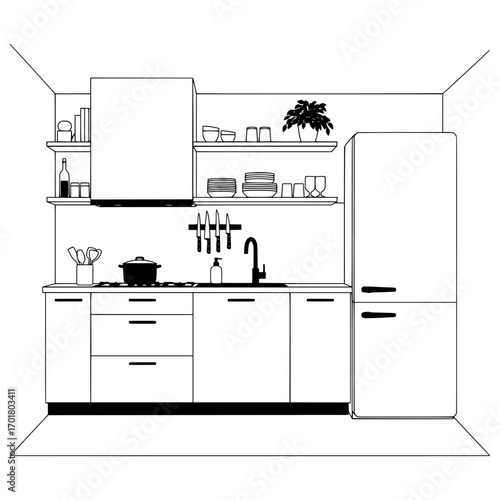 Modern kitchen interior design sketch with cabinets sink and stove isolated on white background isolated on transparent background silhouette