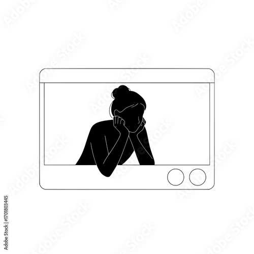 A solitary woman s silhouette is framed within a digital window interface conveying a sense of introspection and isolation on white background isolated on white background isolated on transparent back
