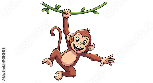 Happy baby monkey character hanging from a liana, cheerful vector graphic isolated on white background
