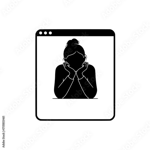 Silhouette of a person in a video call window with hands clasped in front of face expressing distress or sadness silhouette isolated on white background isolated on transparent background