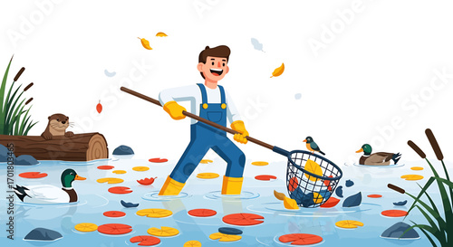 Eco-conscious volunteer taking action by cleaning garbage from a river, preserving nature for ducks and otters in a colorful vector illustration