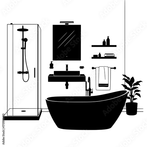 Modern bathroom interior design silhouette featuring a freestanding bathtub shower and vanity with mirror isolated on transparent background isolated on white background