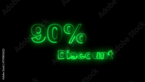 Ninety Percent Discount Neon Sign Glowing Green on Black Background 90 percent sale