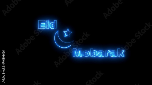 Blue Neon Eid Mubarak Text and Crescent Moon Star Symbol on Black Background islam muslim