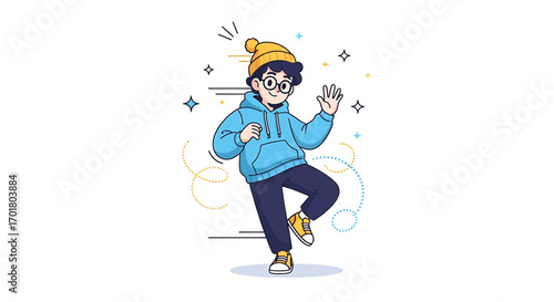 Dynamic vector illustration of a cheerful cartoon boy in a beanie and glasses dancing with joyful energy