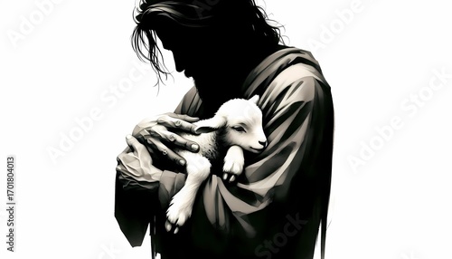 Jesus christ holding lamb illustration religious art black and white drawing faith image