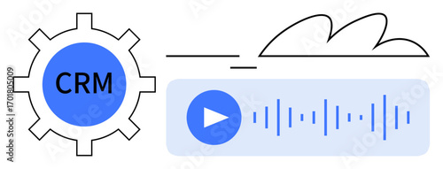 Gear labeled CRM next to audio interface with play button and sound waves, connected to cloud icon. Ideal for analytics, collaboration, data syncing, cloud computing, workflow, productivity, simple