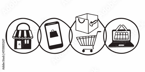 Online shopping process icons showing store, mobile, package, cart and laptop in a connected line