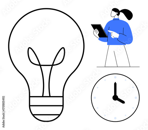 Woman holding tablet, lightbulb symbolizing creativity, clock conveying time management. Ideal for business, innovation, productivity, organization, education, time management simple landing page
