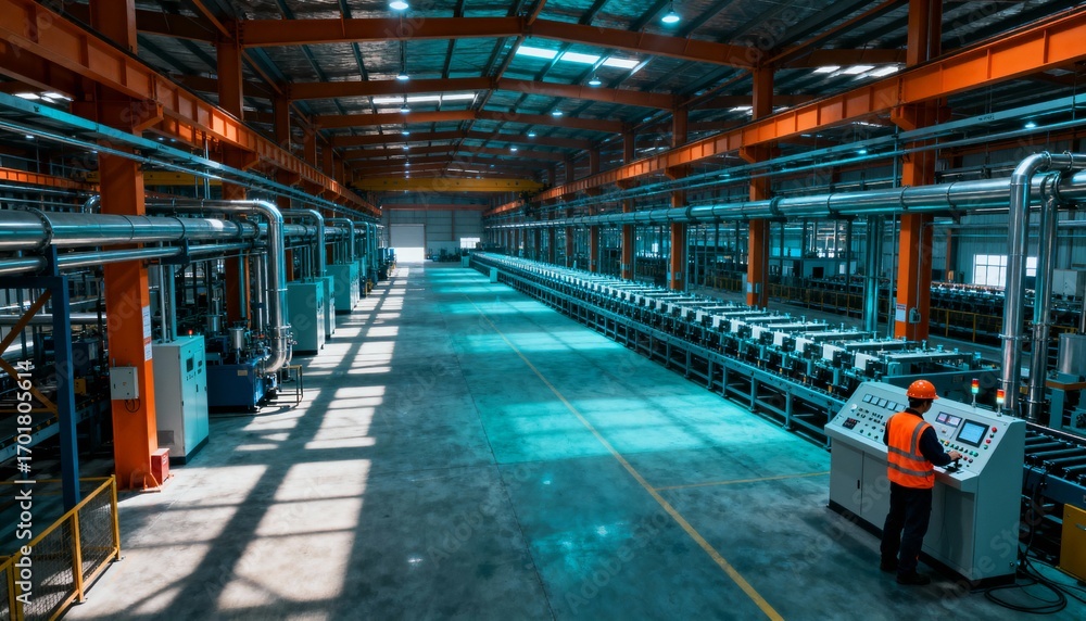 Fototapeta premium Industrial Manufacturing Plant Interior with Worker, Conveyor System, and Overhead Crane for Production and Distribution