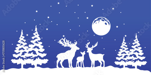 Christmas background village. Christmas scene with reindeer, stars and snow, good for holiday Christmas banner or card