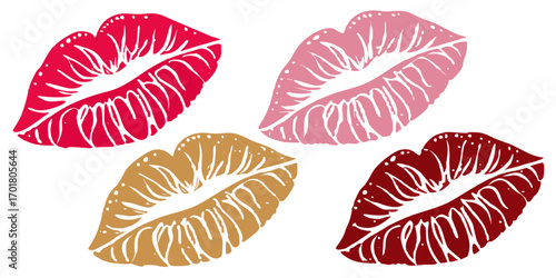 Four colorful lipstick kisses in red pink gold and maroon on a white background in a pattern format