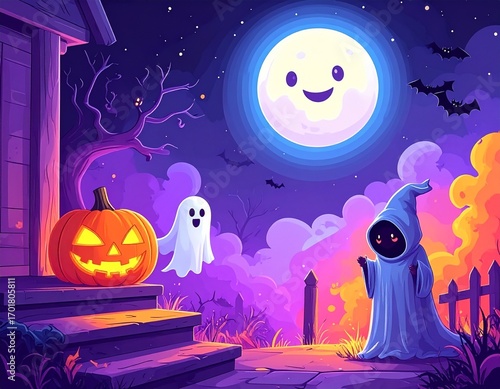 Mystical Helloween Night with Ghosts and Jack-o'-lantern
