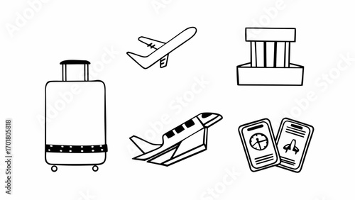 Illustration of a suitcase, airplane, security checkpoint, and tickets representing travel theme