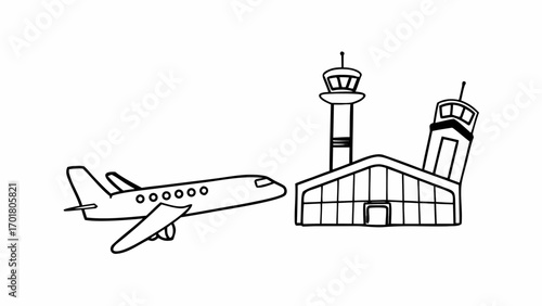 Airplane taking off from airport terminal with control towers in a black and white outlined drawing
