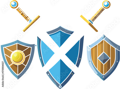 Medieval shields and swords game assets fantasy battle armor weaponry iconography
