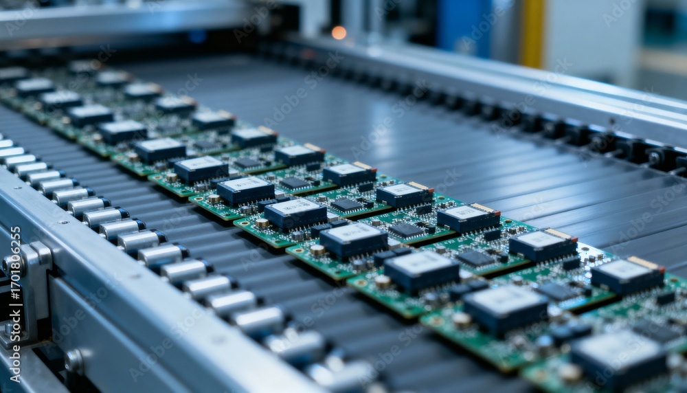 Fototapeta premium Automated Electronic PCB Circuit Board Production on Conveyor Belt in Modern Factory Setting