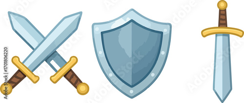 Fantasy battle gear icons crossed swords shield and single sword for games