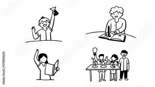 Doodle style illustration showing a boy with money, student writing, girl reading, and group with ideas