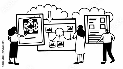 Three people are standing in front of screens with diagrams and data visualizations in a monochrome style