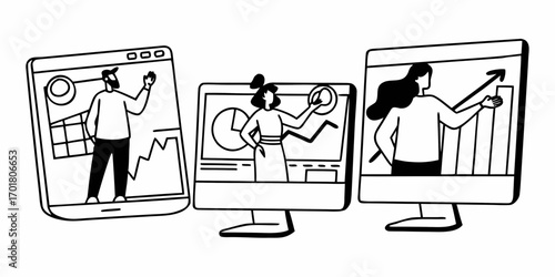 People presenting data on screens with charts and graphs in a line art style illustration