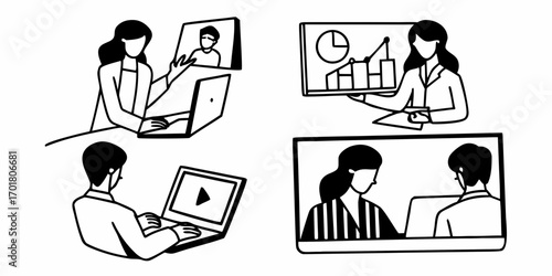 Illustration showing people participating in virtual meetings and presentations online using laptops