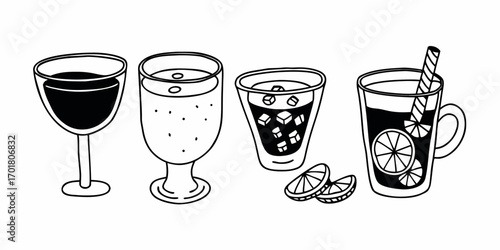 Illustration of various drinks including wine, lemonade, juice, and a cocktail with lemon slices