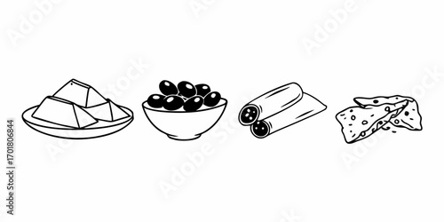 Illustration of sliced dessert on plate olives in bowl rolls and scattered crackers in black and white style