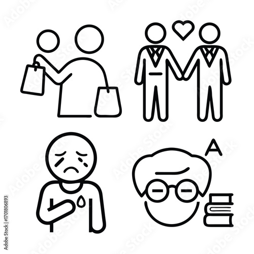Four simple line art icons depict a person shopping, a gay couple, a sad person, and a student with books.