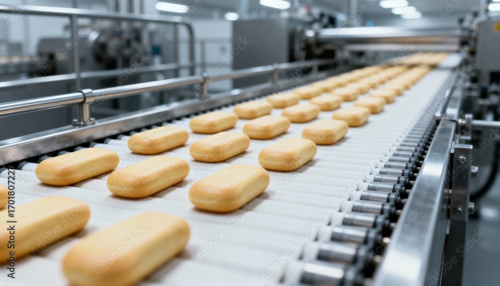 Fototapeta premium Food Industry: Processed Baked Goods on Automated Conveyor Belt in a Modern Factory Setting