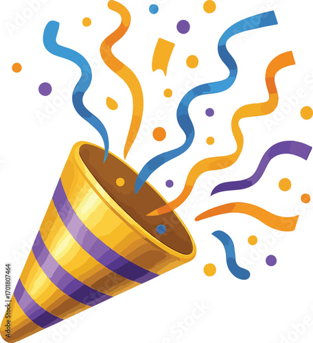 Party popper exploding with colorful confetti and streamers for celebration and fun