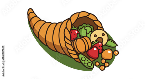 Abundant harvest cornucopia overflowing with vibrant fruits and vegetables symbolizing prosperity and good fortune for festive occasions