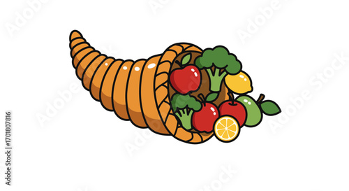Abundant cornucopia overflowing with vibrant fresh fruits and healthy vegetables symbolizing harvest and prosperity