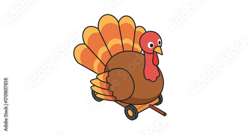 Whimsical Thanksgiving turkey on wheels, a charming and playful character for festive holiday designs, invitations, and seasonal celebrations.
