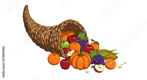 Abundant cornucopia overflowing with vibrant autumn harvest fruits pumpkins grapes apples and oranges symbolizing prosperity and Thanksgiving bounty
