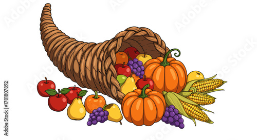 Abundant cornucopia overflowing with vibrant fruits and pumpkins, symbolizing harvest bounty and Thanksgiving blessings, perfect for seasonal celebrations.