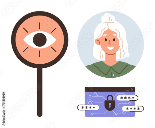 Large eye symbol, smiling female avatar, secure password icon with padlock. Ideal for privacy, security, identity verification, data protection, user authentication, cyber awareness simple flat