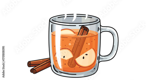 Warm apple cider with cinnamon sticks and apple slices in a clear glass mug, perfect for cozy autumn days and festive celebrations.