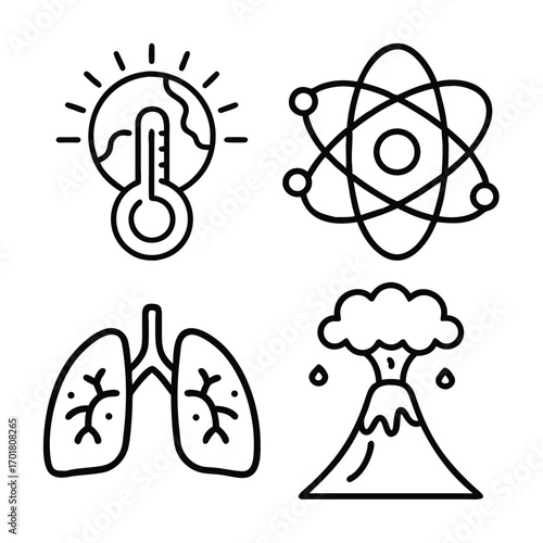 Four simple line art icons representing global warming, science, health, and natural disasters.