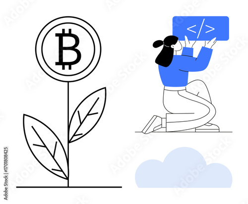 Bitcoin represented as a growing plant alongside a developer coding on a digital screen with cloud storage. Ideal for cryptocurrency, coding, innovation, digital economy, fintech, technology, simple