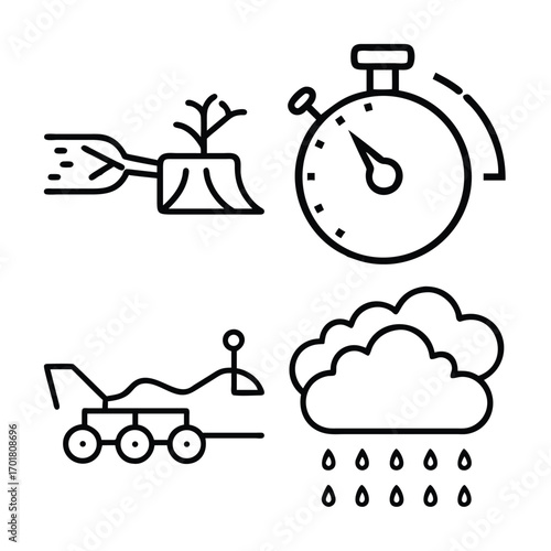 Four black and white line art icons depict deforestation a stopwatch a Mars rover and rain clouds with falling raindrops.