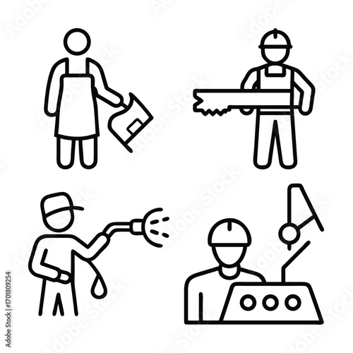four simple line art icons depicting various professions including a gardener, a carpenter, a painter, and a technician operating machinery.