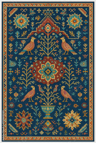 Moroccan Folk art inspired Carpet with modern Pattern in high definition isolated on white canvas with trending colors
