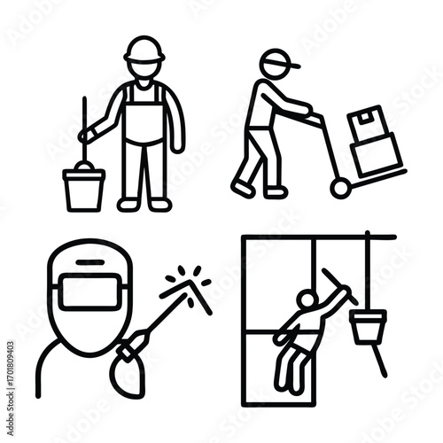 Four simple line art icons depict a cleaner, a delivery person, a welder, and a window washer, illustrating various manual labor jobs.