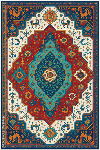 Moroccan Folk art inspired Carpet with modern Pattern in high definition isolated on white canvas with trending colors
